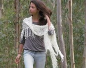 White Wraparound Shawl, Long Fringe Scarf, Crocheted Scarf , Womens Clothing Accessories