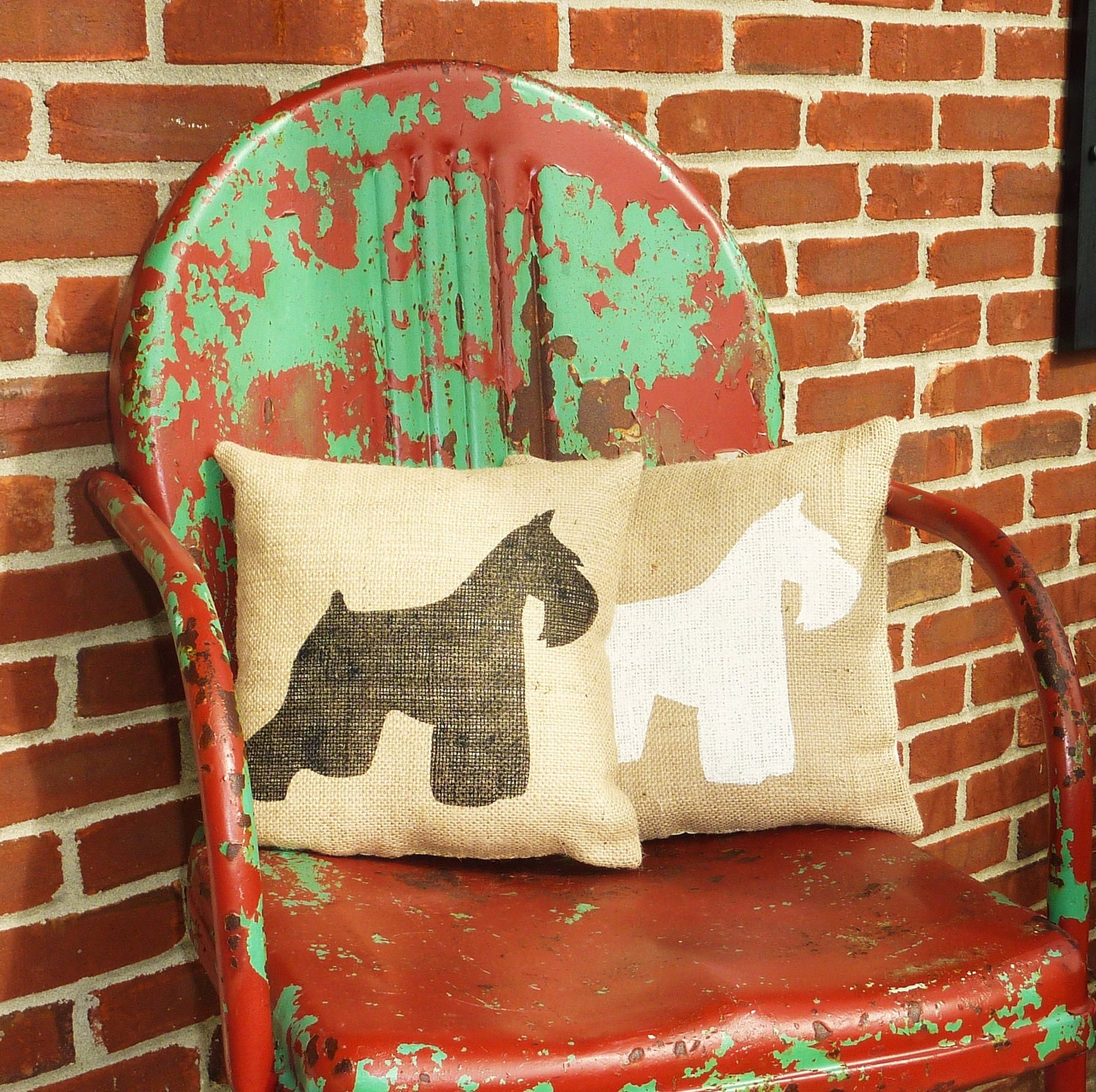 Handmade Stenciled Miniature Schnauzer Silhouette Burlap Pillow-Insert Included
