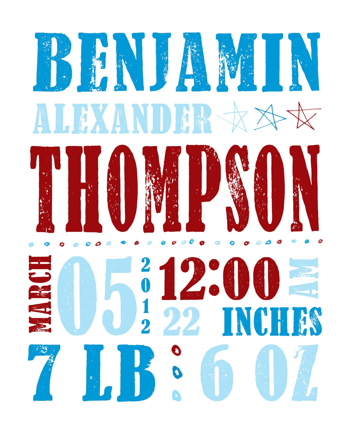 Birth Date Baby Boy Stats Nursery Wall Art Customized 11x14 PRINT