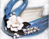 Vintage Swan Dish Iridescent Blue with Silver Accents