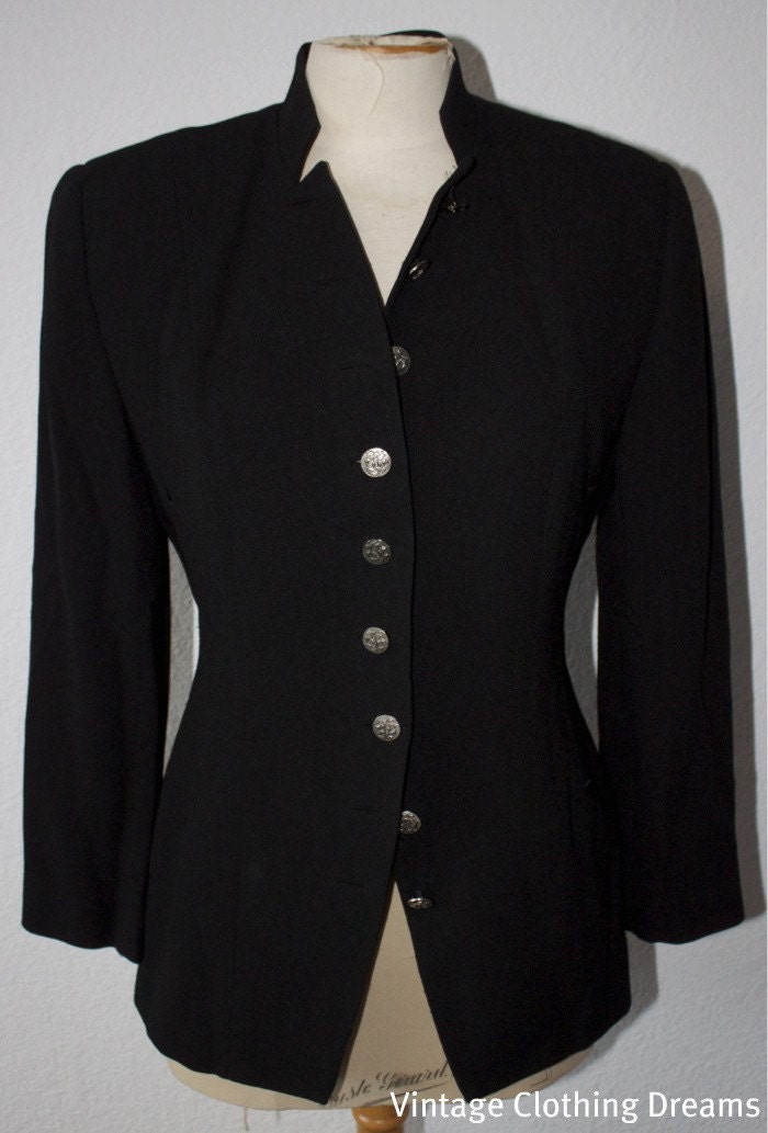 Vintage 1940s Jacket Style by Zelda Jet Black color Silver Buttons Retro ARROW seaming wasp waist BR-73