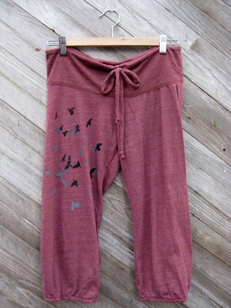 flock of birds Pants, Berry Color, Lounge Pants, Cropped Pants,  S,M,L,XL
