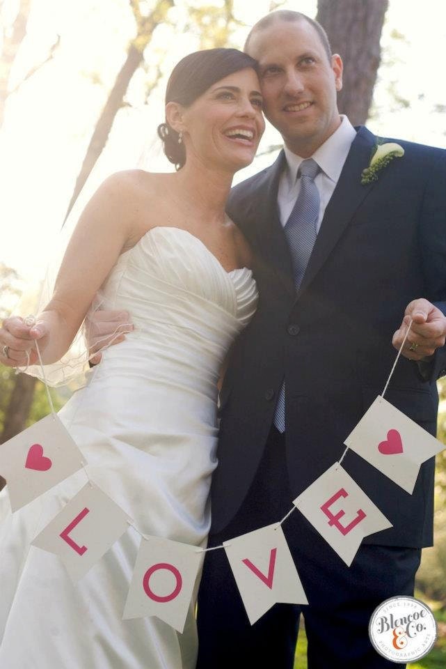 White Banner - LOVE - Hot Pink Hearts - Engagement Photo Prop Wedding Decoration