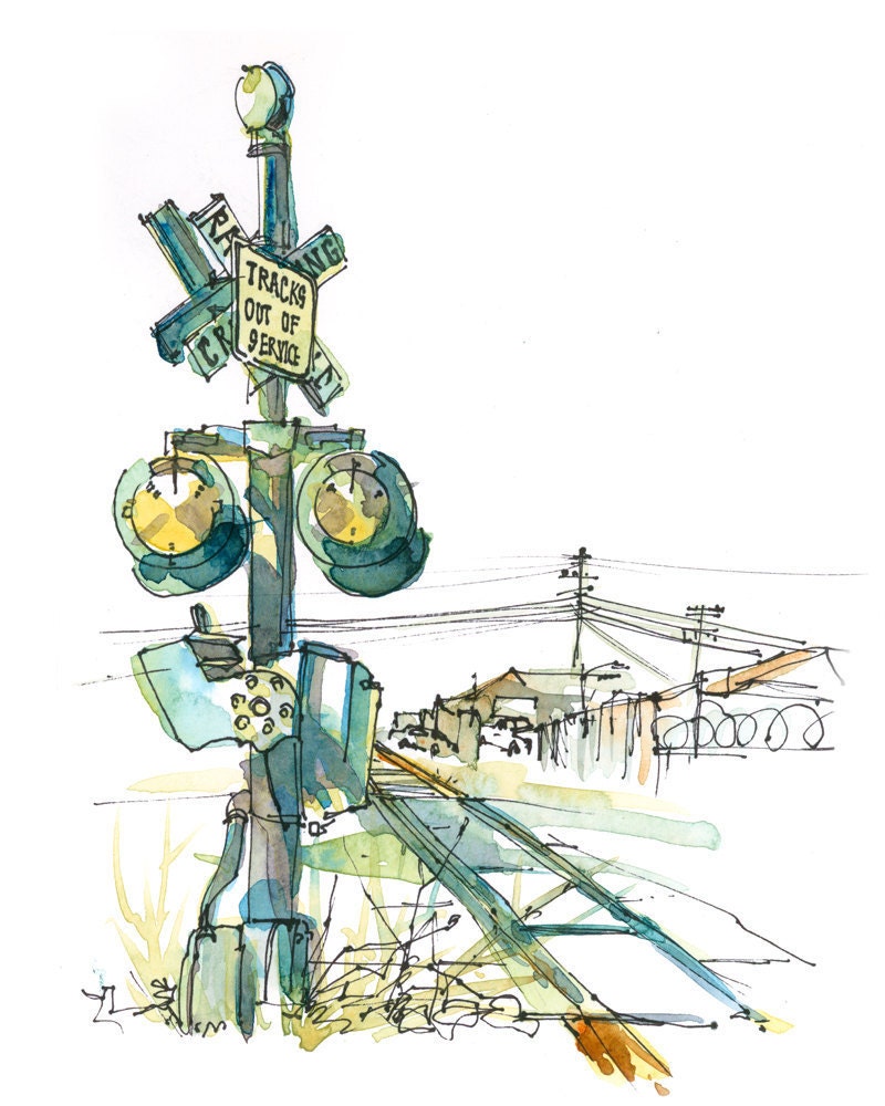 Abandoned Railroad Crossing and weeds, A gritty Urban Sketch - 8x10 print in ochre, teal blue and gold
