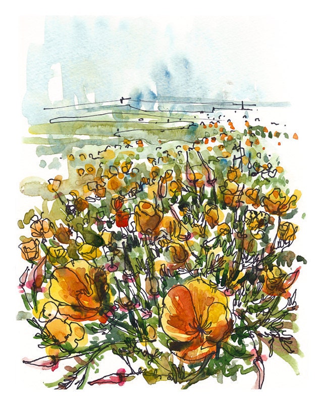 California Poppies sketch- flower art in orange and green - 8x10 print