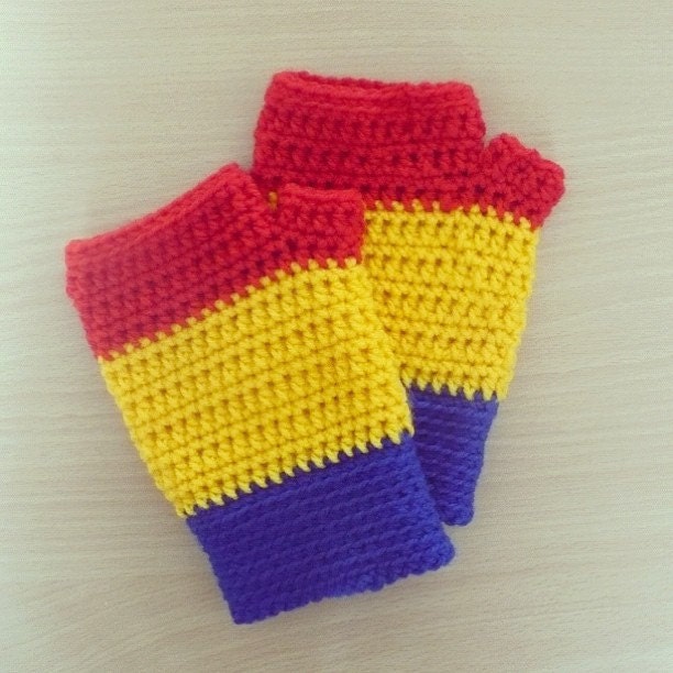Striped Fingerless Mitts Primary School in Red, Blue and Yellow