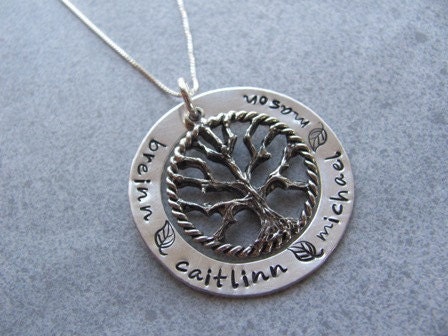 Personalized Family Tree Necklace: Hand Stamped Large Family Tree Necklace - 4 or 5 Names