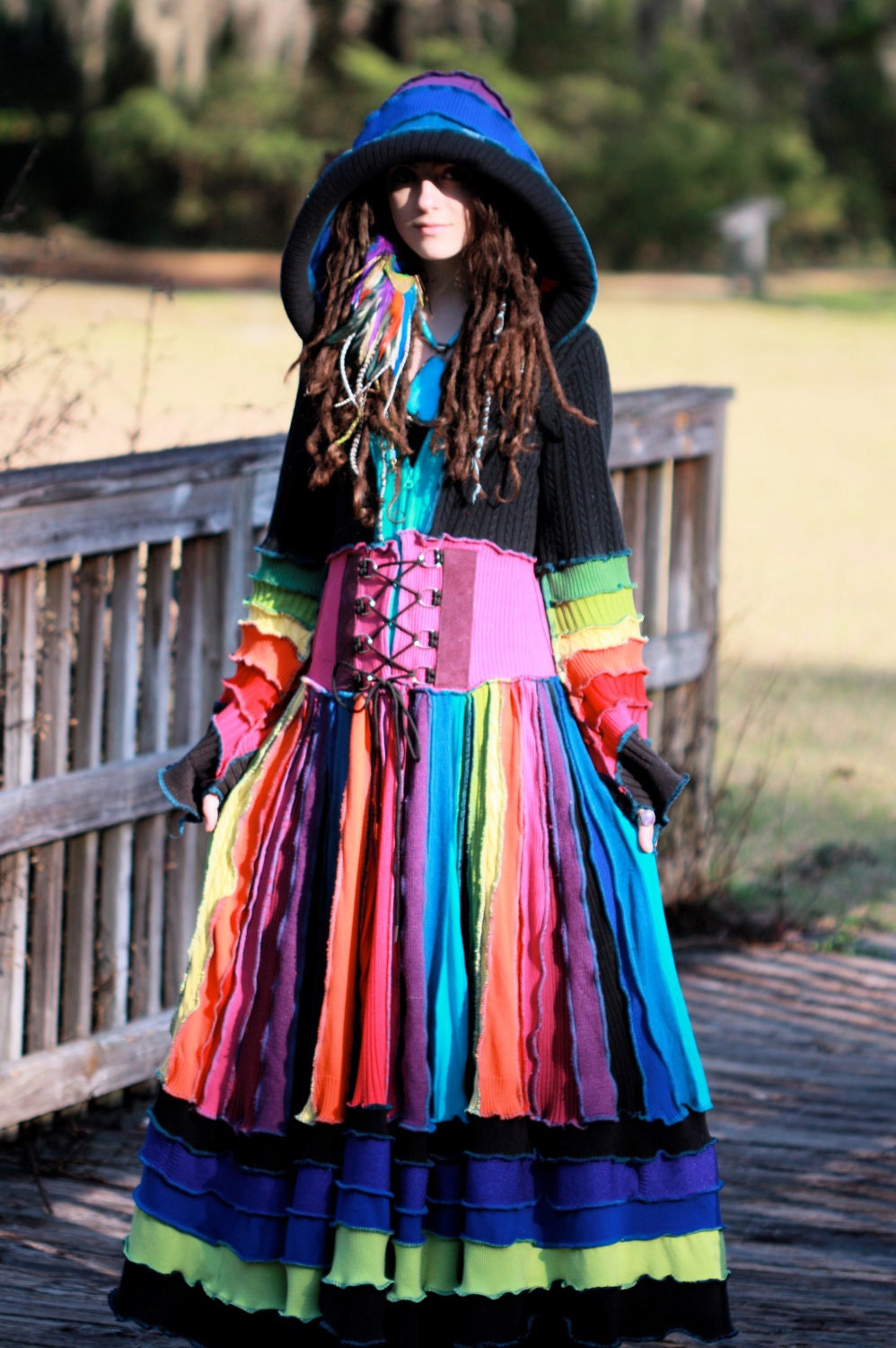 SuperDuperUbberAwesome Custom corset  Kaleidoscope gypsy dream traveling upcycled patchwork ragamuffin elf pixie rave recycled sweater coat