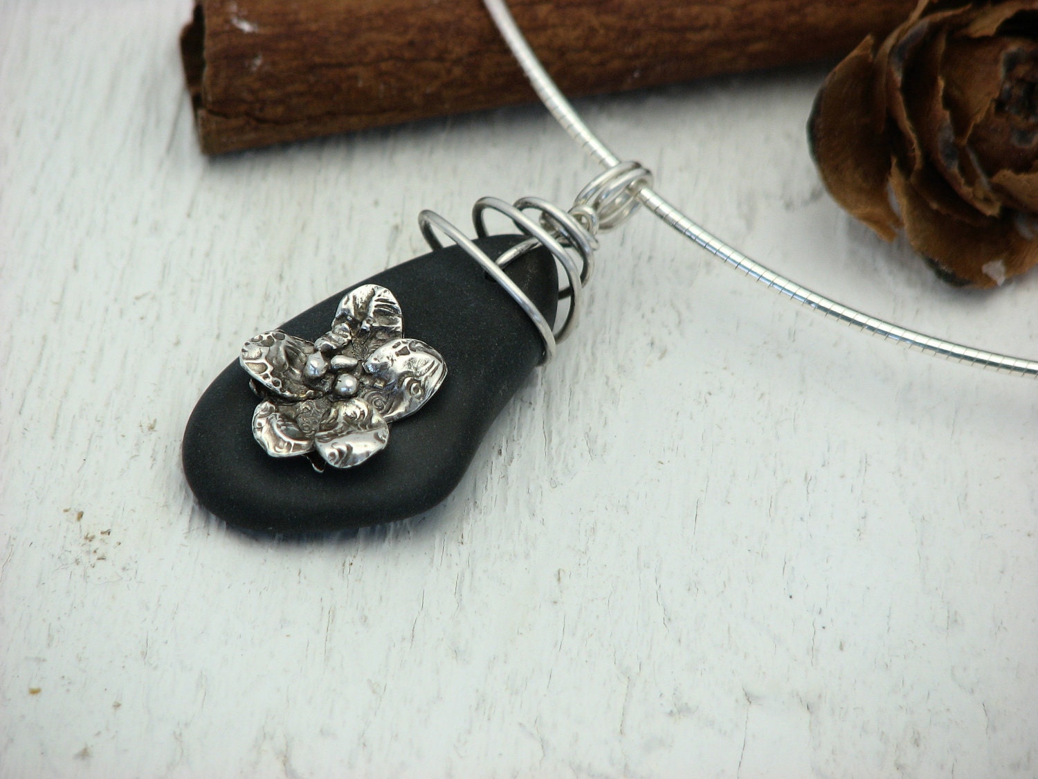 Wire Wrapped Jewelry Handmade Beach Stone Necklace Sterling Silver  Stone Recycled Silver . FORGET ME NOT