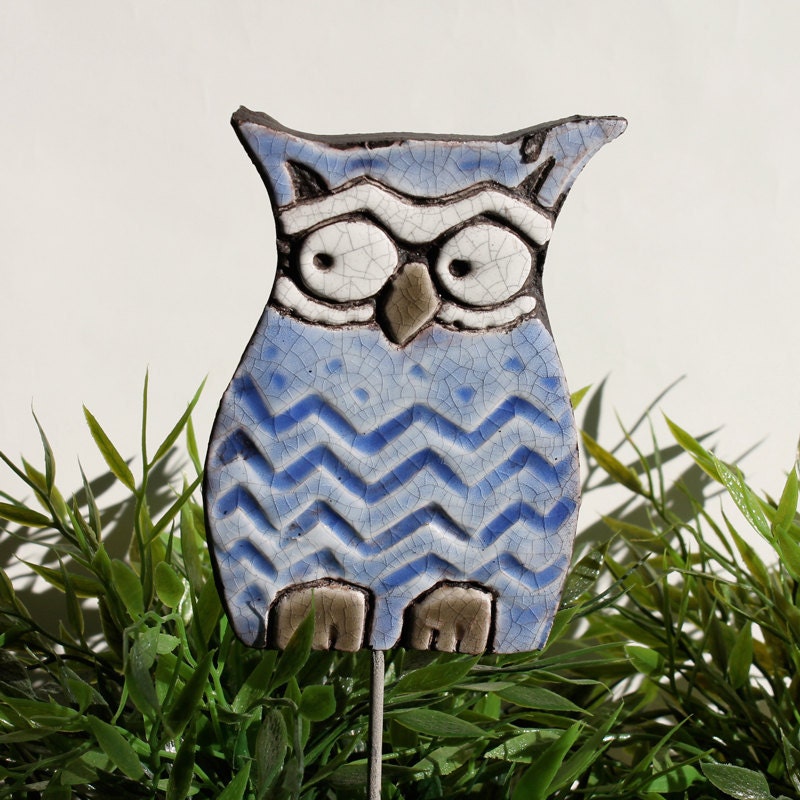 Owl garden art - plant stake - garden decor - home decor - bird ornament - 'Hedwig' - Large blue