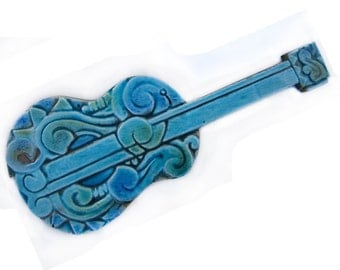 ceramic guitar - wall hanging - home decor - turquoise - abstract wall art - musical instrument - Small