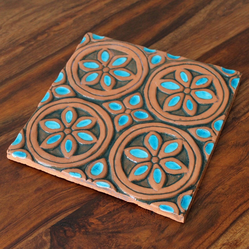 flower coaster - trivet - hot plate - tile - wall art - wall decor - home decor -textured -decorative - ceramic - terracotta 'dama'