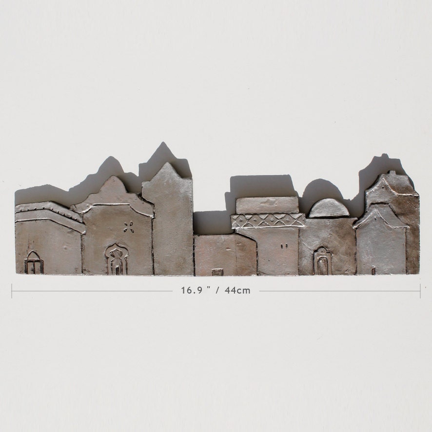 tile- wall art - miniature houses -home decor - textured tile - silver tile - hand made - interior design - 'pueblo 9'