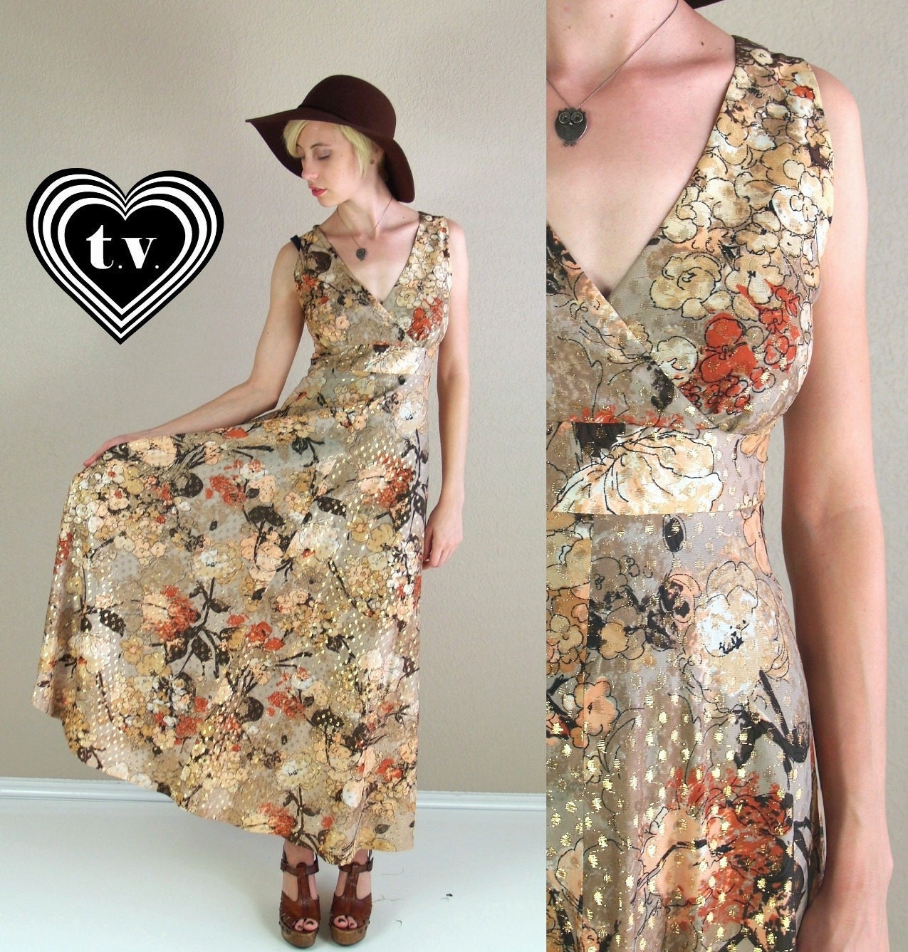 vtg 60s Gold Metallic BOLD floral print MAXI DRESS opulent xs mod hippie open back gypsy