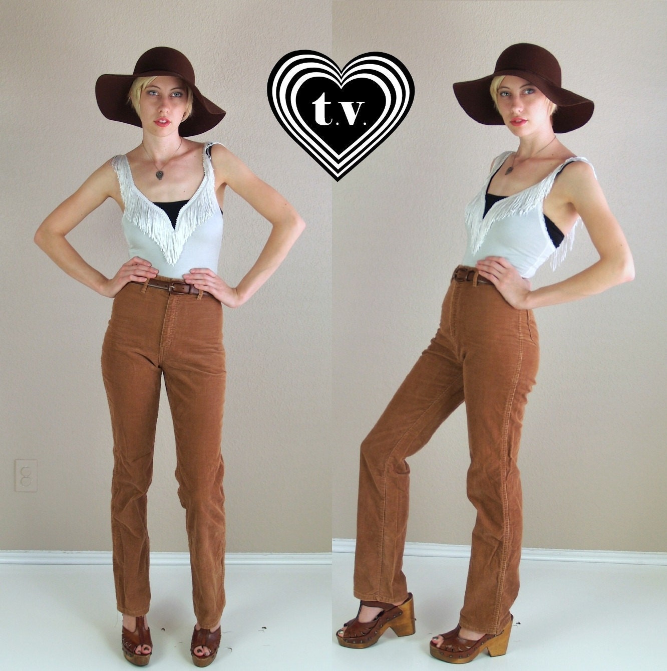 vtg 70s Cinnamon HIGH WAIST Corduroy PANTS skinny fit xs/25 supermodel length trousers