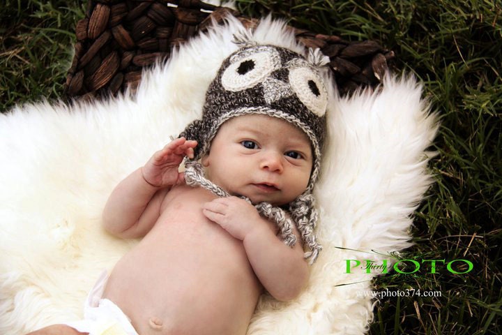 Gray Owl Hat for Baby in Natural Alpaca size Newborn to Three Months - alpacakids