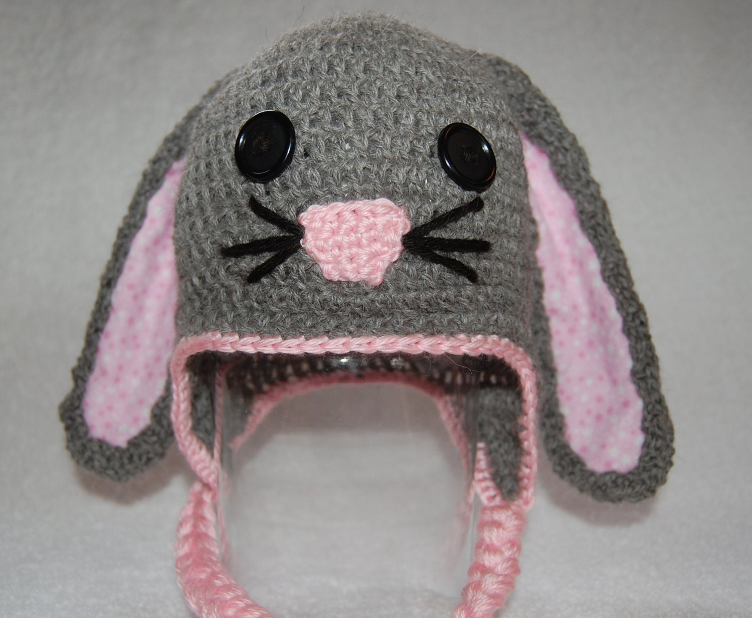 Bunny Rabbit Hat for Baby Girl in Gray Alpaca with Pink Trim size Newborn to 3 Months
