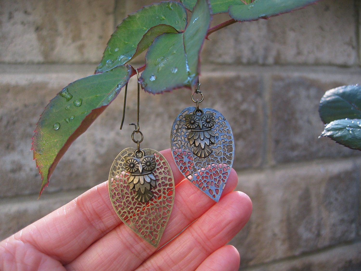 Owl and Leaf Earrings