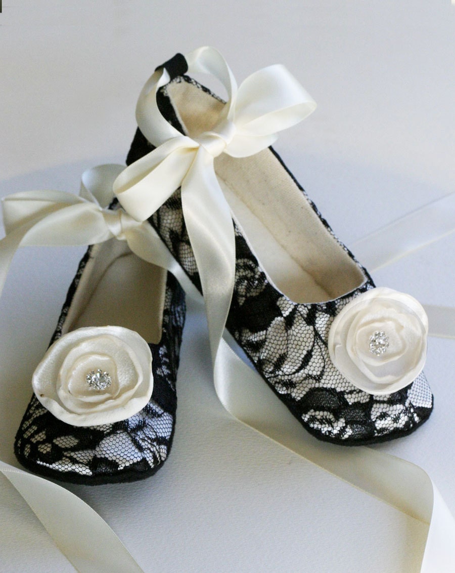 Toddler Shoes - Flower Girl Ballet Slipper - Black Lace, Off-white Satin, Rhinestones - 14 colors avail - Baby Souls Couture Baby Shoes
