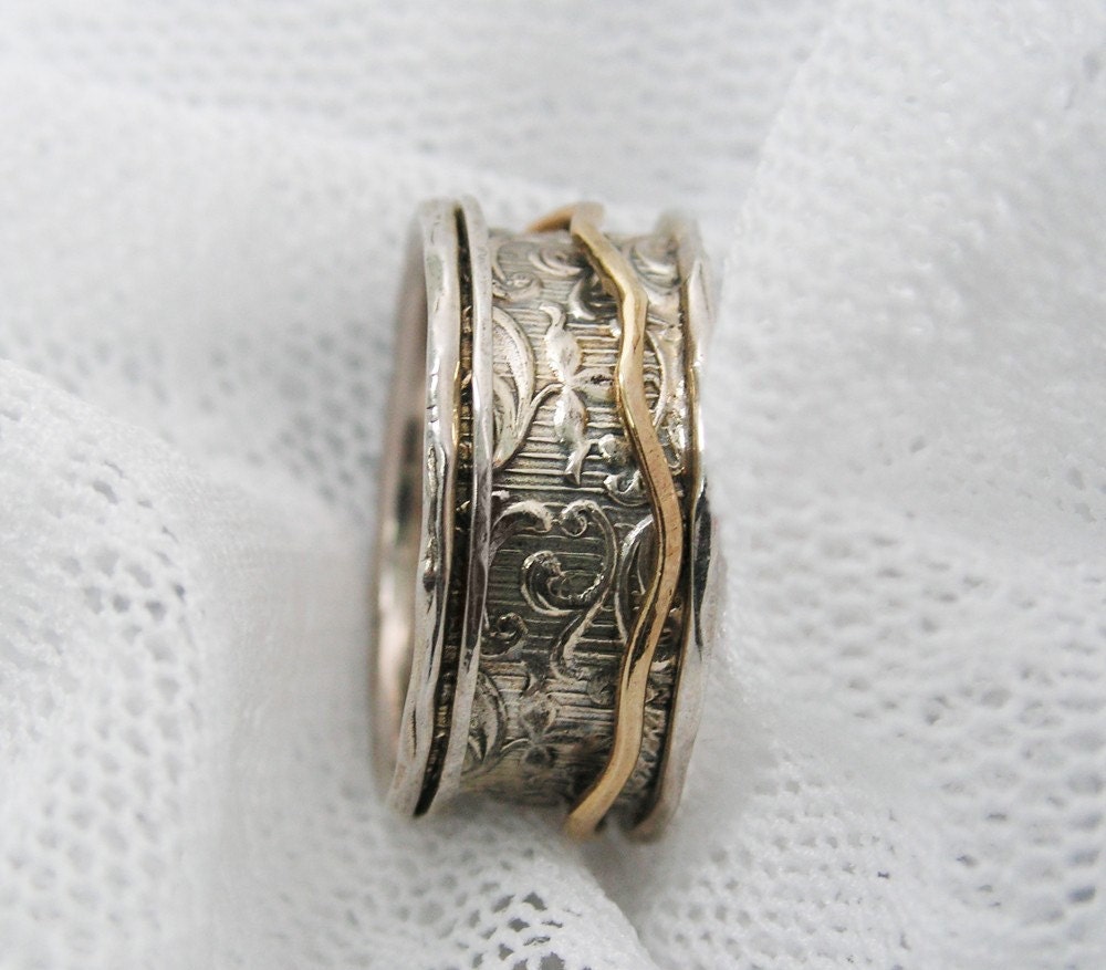 Sterling silver and gold spinner ring (gsr-7063) floral spinner ring, gift for her, oxide spinner ring