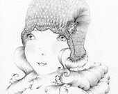 Flapper Girl OOAK Pencil Drawing & Illustration Black and White