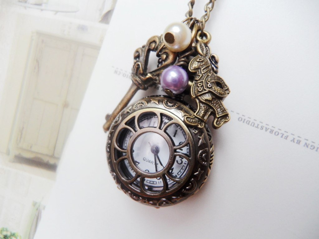 Alice in Wonderland-Sunflower Pocket Watch Necklace, Mr Rabbit,Skeleton Key,Pearl
