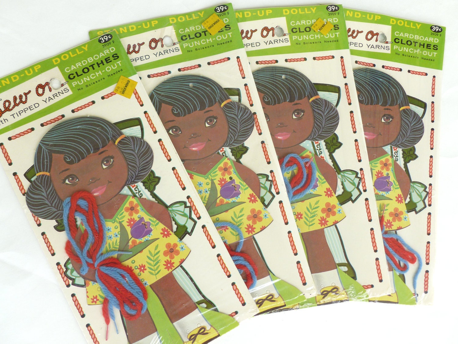 Paper Doll African American Black Girl Stand-Up Dolly Sew On Lacing Yarn Punch-Out Clothes by Samuel Lowe Company 1972 Unused Lot