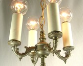 Chandelier Vintage 4 Light Cast Metal Silver Deco Ceiling Hanging Fixture 1920s