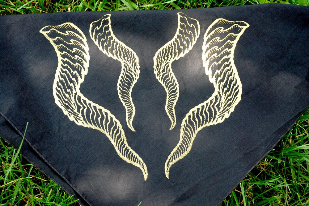 Dragon Horns Bandana - Gold & Black - Screen Printed