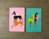 Greyhound Magnets - Vintage Playing Card Greyhound Dogs (pair) - Art Deco Pink and Teal