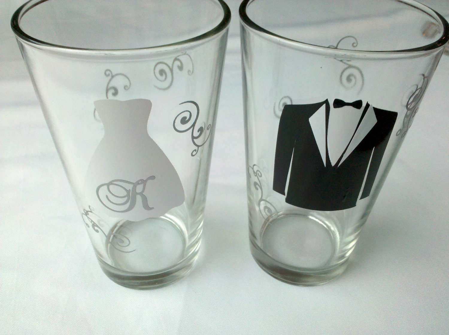 Wedding champagne flutes, Personalized Bride dress and Groom tuxedo champagne glasses or wine and beer glasses set of 2