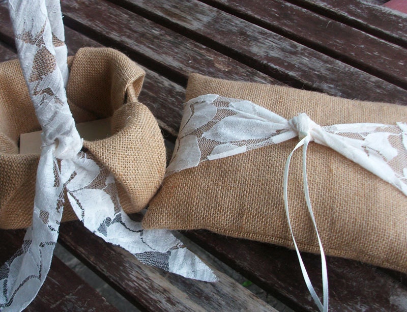 Ring Bearer Pillow and  Flower Girl Basket Set  in Burlap and Ivory  Lace