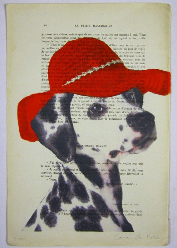 Drawing Illustration Giclee Prints Posters Mixed Media Art Acrylic Painting Holiday Decor Gifts: Mademoiselle Dalmation with red hat
