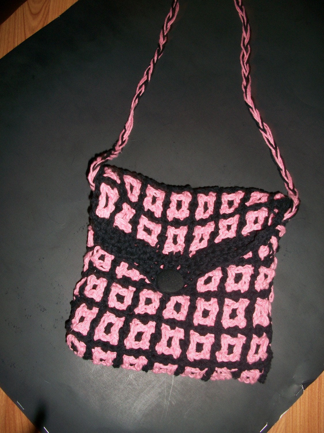 Purse Crocheted Black and Rose in a Square  Pattern, Lined  with Braided Handle