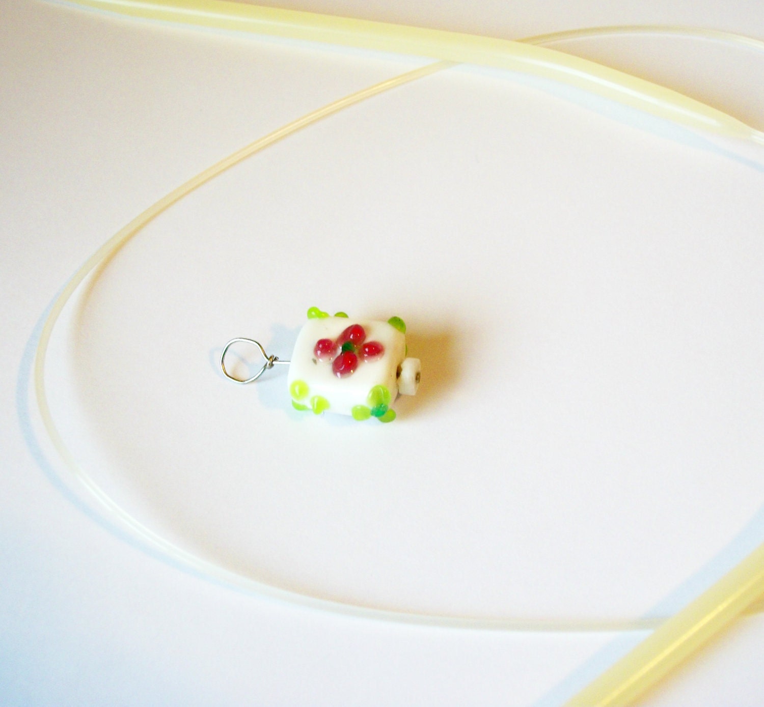 Knitting Stitch Marker: Abstract Flower In Lampworked Glass White, Pink, And Green