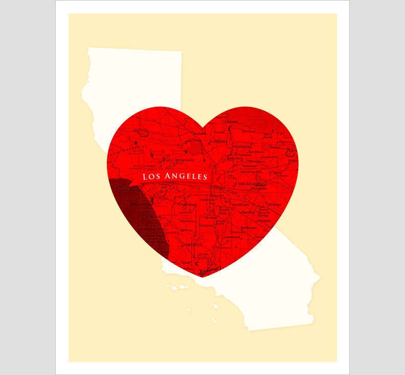 LOS ANGELES California - Map Heart - 11x14 print - Home decor Wall hanging Los Angeles art print