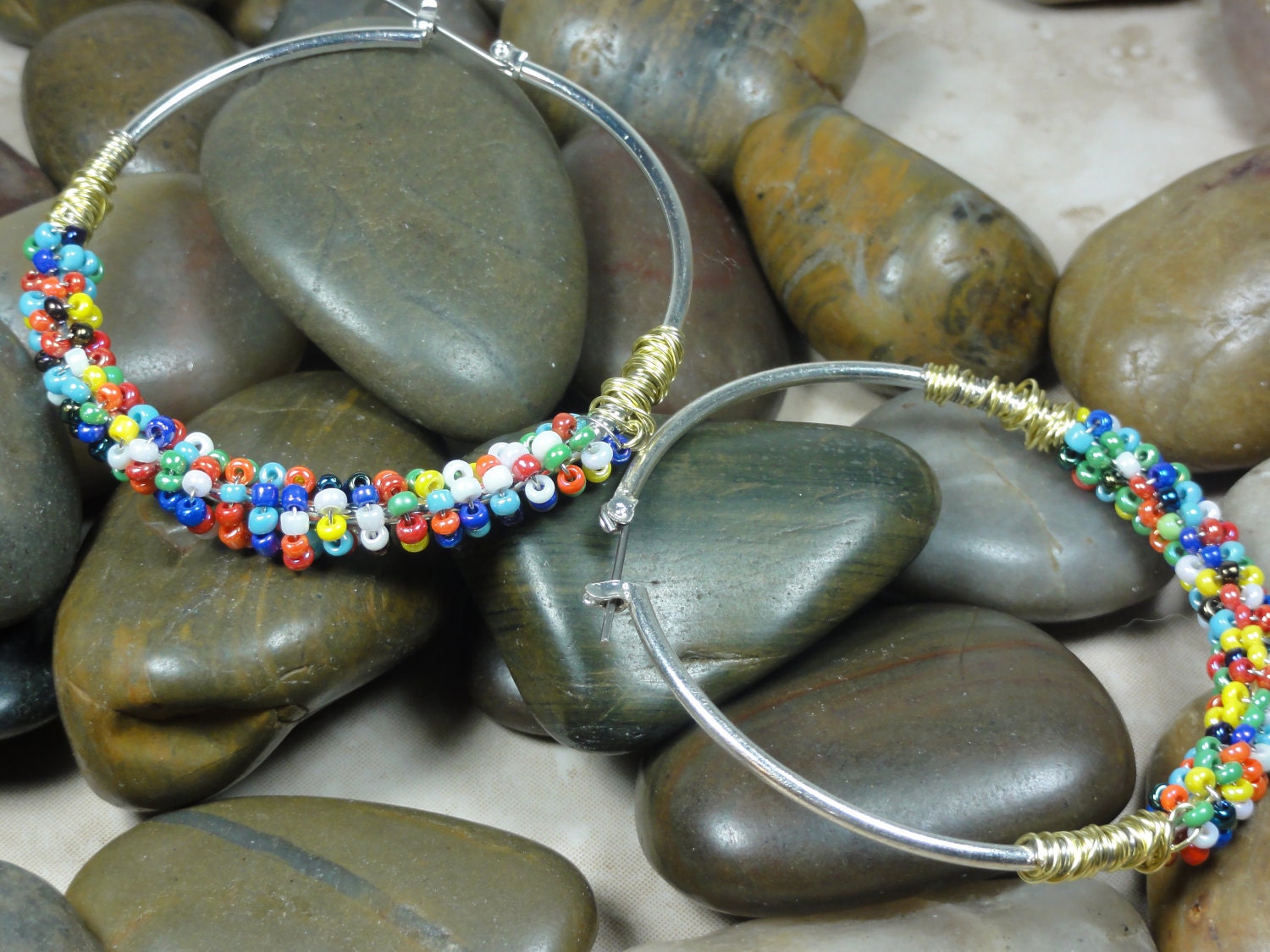 EARRINGS - Silver Hoop Multi Color Bead Gold Wire Wrap Spring Summer Jewelry Earrings - Free Shipping