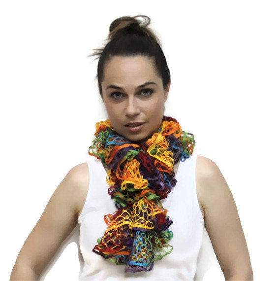 Summer Rainbow Scarf/ Ruffled Hand Knit Scarf/ Frou-Frou Lace Scarf/ Scarflette/ Fashion Accessories women by Solandia