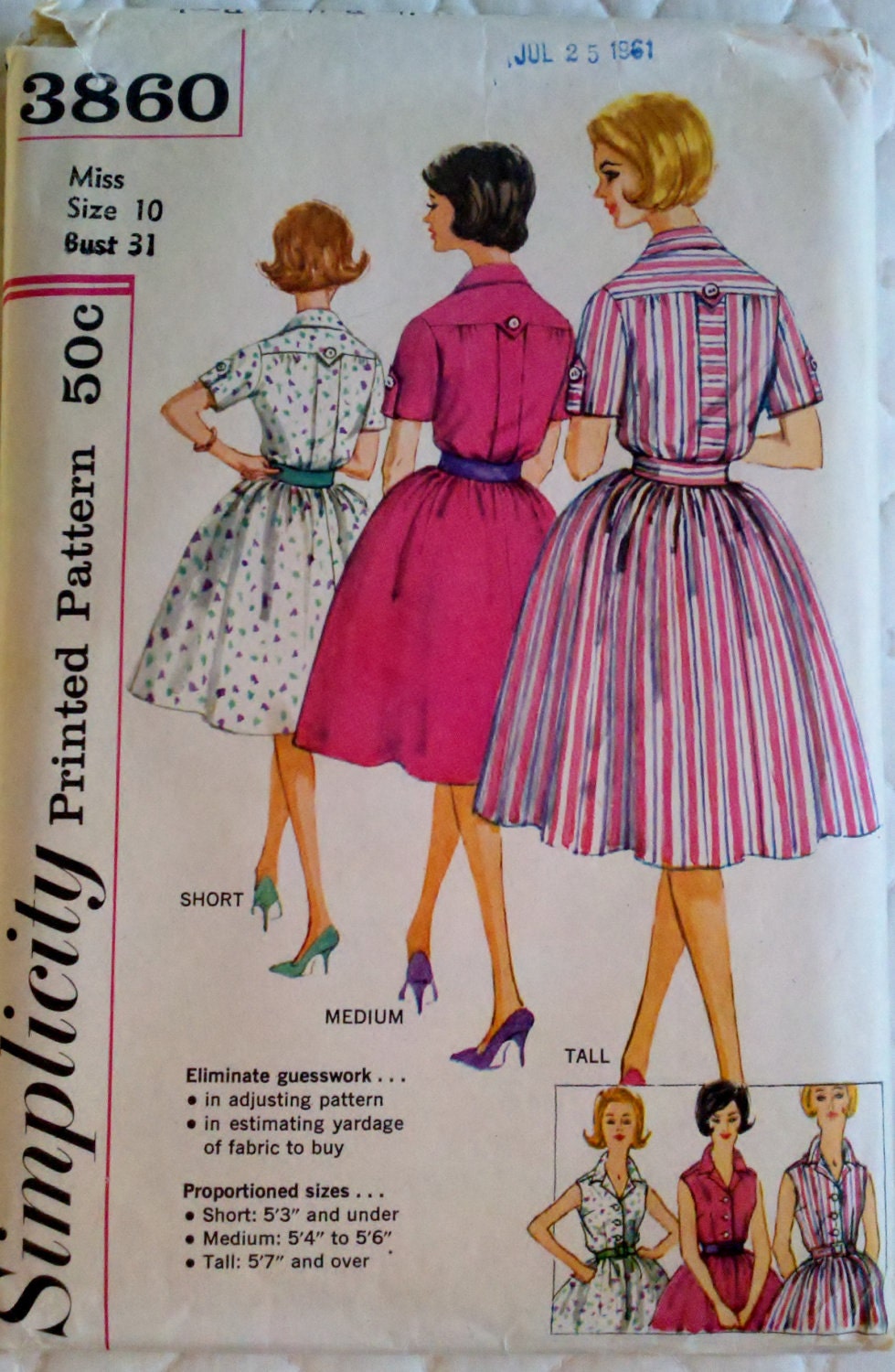 1960s Vintage Women's Sewing Pattern Mad Men Swing Skirt Dress Simplicity 3860 Bust 31"