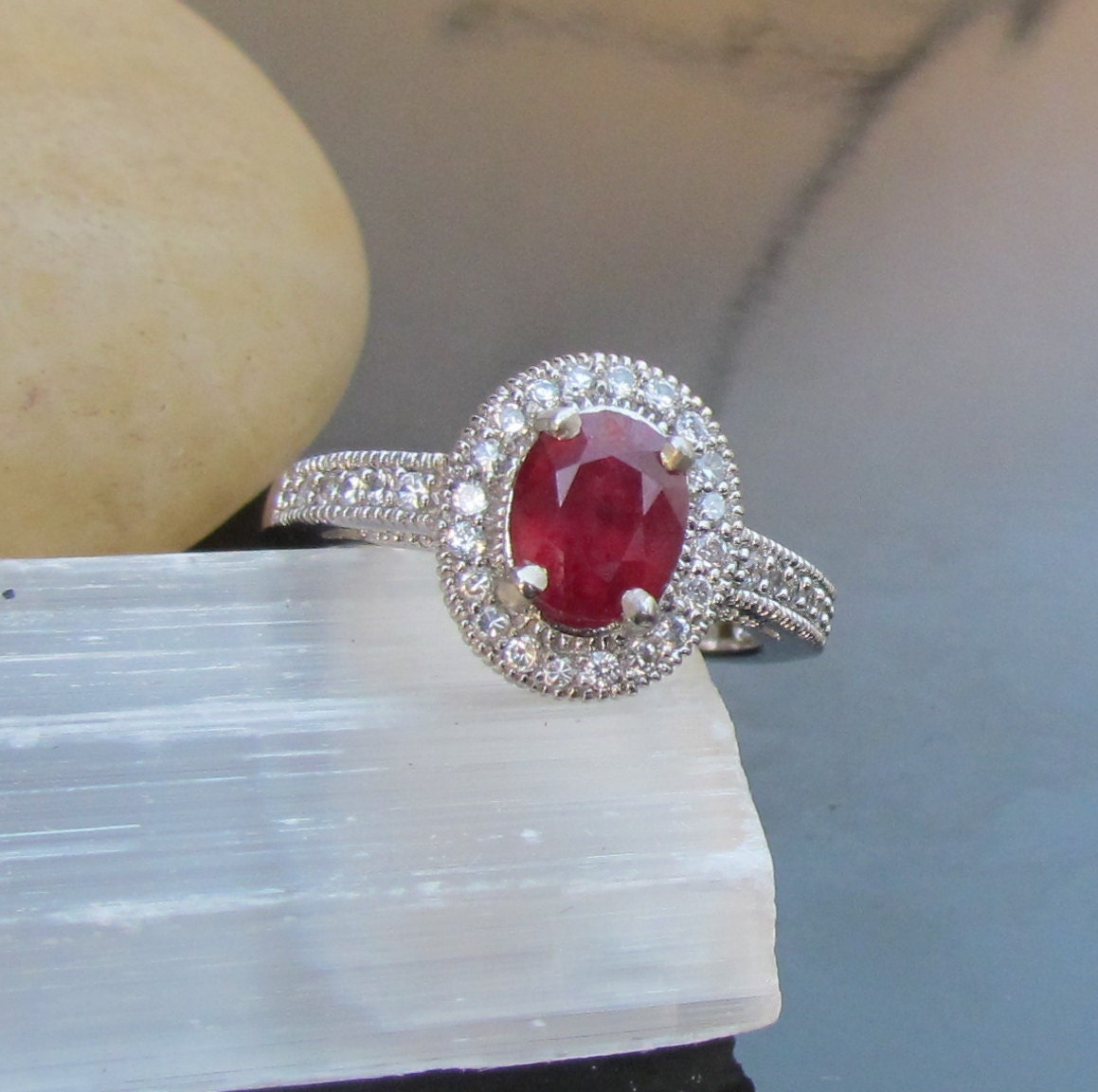 Genuine Treated Ruby in Platinum Plated Sterling Silver Ring with White Topaz Accent Stones July Birthstone Gemstone Ring