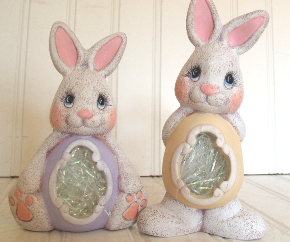 Vintage Hand Painted Ceramics Sweet Pair of Bunnies - Cottage Chic Pastel Characters Set for Filling & Display - BoHo Candy Shop Decor Duo - DivineOrders