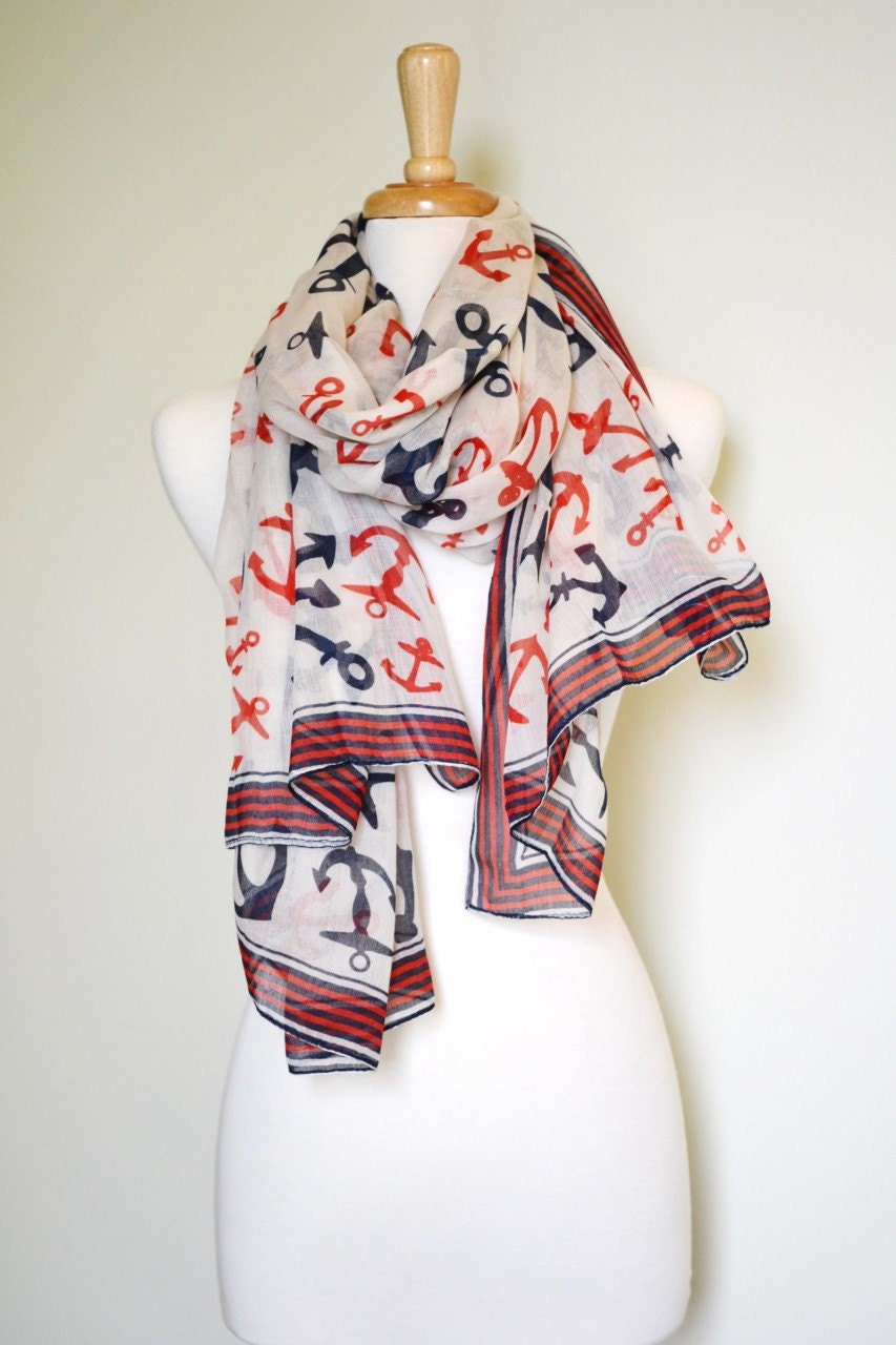 Anchors Nautical Scarf Shawl Wrap Lightweight Sailor Gift Idea Boating Fashion Accessory Stripes Cotton