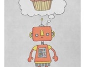 Robots Love Cake - Pen and Ink Illustration - 8 x 10 Print - CarlBatterbee