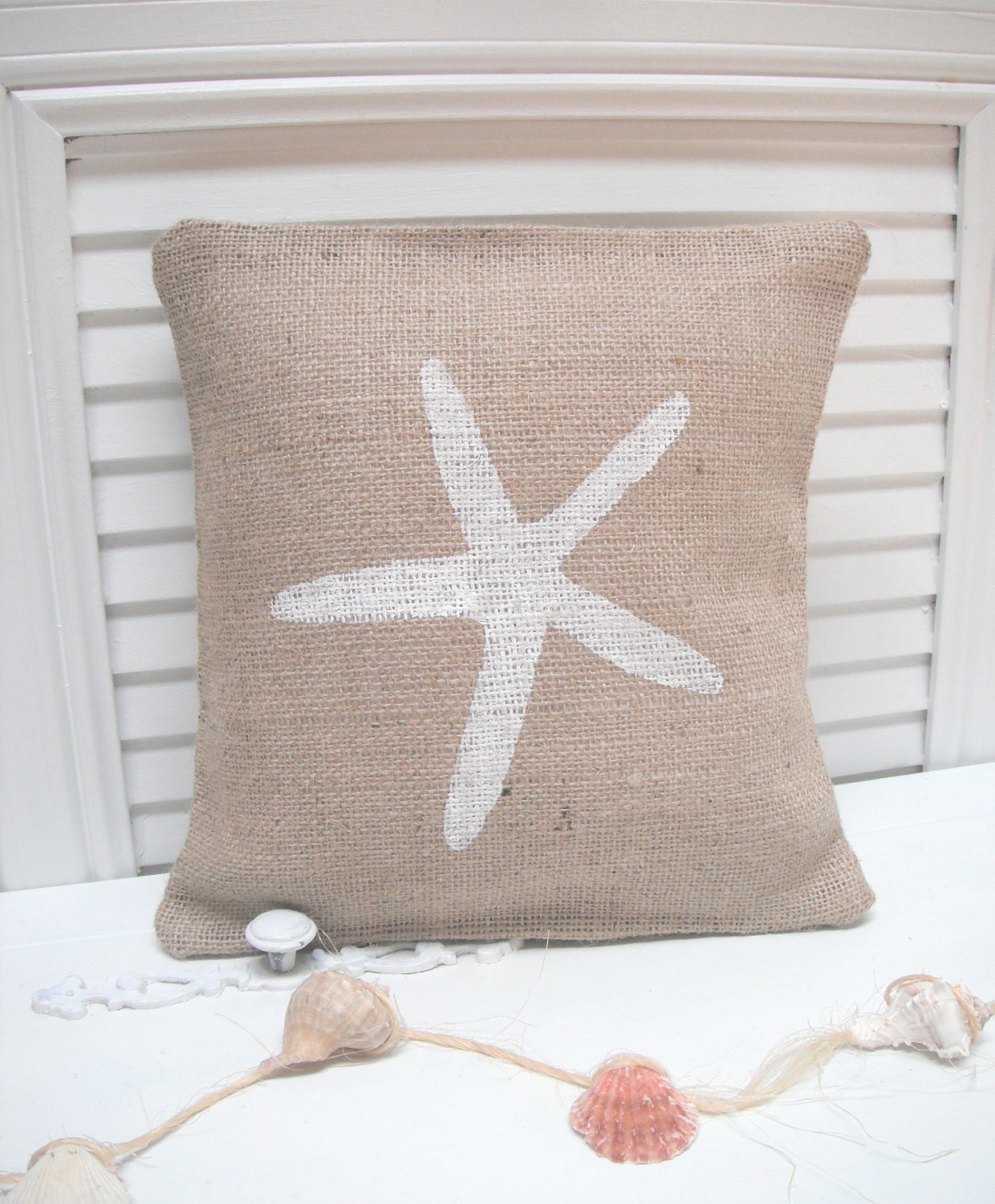 Starfish Burlap Pillow Cover - Starfish Decorations, Beach Cottage, Summer Party Decor
