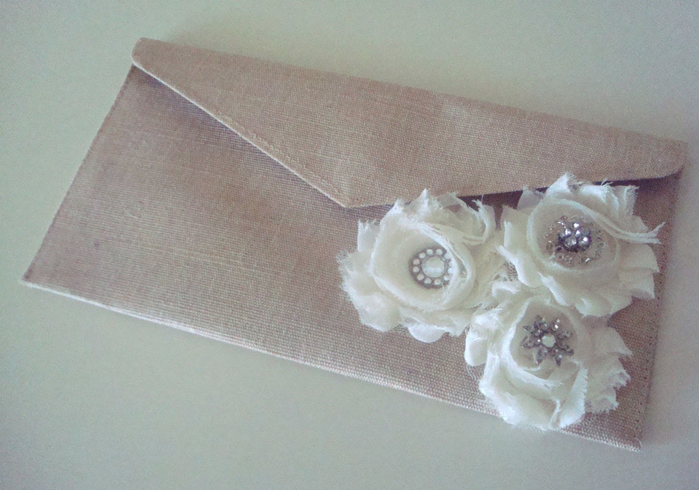 Bridal Clutch Dramatic Ivory Fabric Roses with Rhinestones- MADE TO ORDER - Wedding, Bridesmaid Clutch, Formal