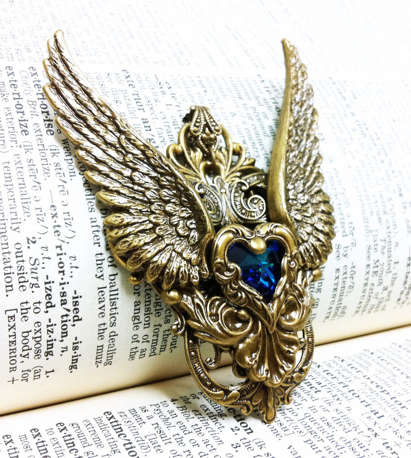 Gothic Angel (Gold/Purple) Winged Heart Aged brass filigree pendant Fantasy mythology jewelry Vintage victorian steampunk gothic style