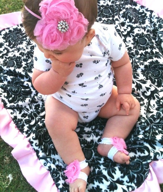 SALE Set Baby Girl Shabby Shoes Ruffle Sandals in Bubblegum with Triple Flower Rhinestone skinny headband sizes 0-5 months 5-12 months