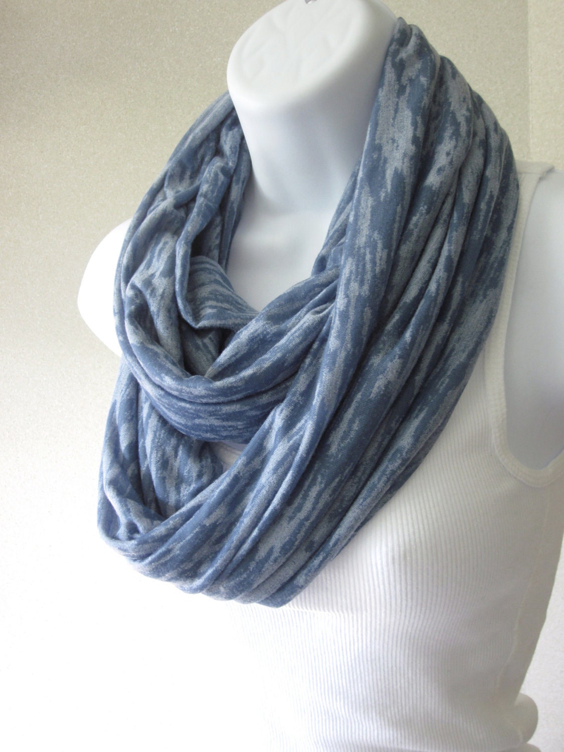 Denim Blue Infinity Scarf Jersey Knit Rayon Blend Burnout Handmade Fashion for Guys and Gals