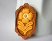 Pumpkin Flower on Mustard Brooch, Lace and Mahogany Series