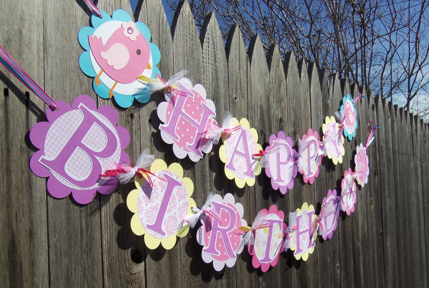 Little Birdie Girly HAPPY BIRTHDAY BANNER in Pinks Yellows Purple and Blue - Customize Your Way